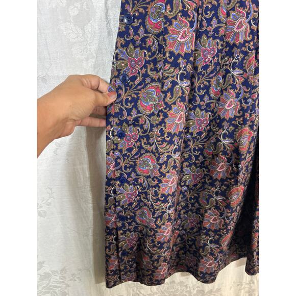 Via Sant Andrea Dress 18 Navy Blue Floral Made in USA Apron Button Sides Jumper - Picture 2 of 11